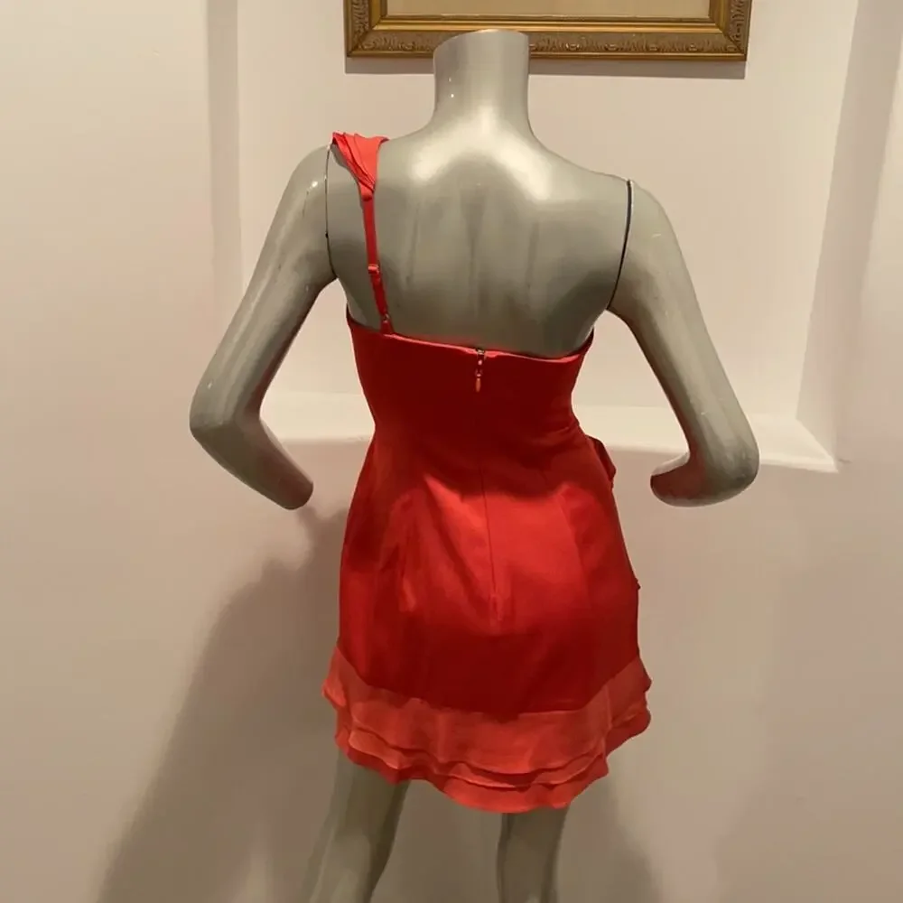 Bcbgmaxazria “ Jonesy” Coral One Shoulder Mini Ruffled Dress Size 4 BNWOT